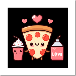 Pizza Party with a Pizza Slice, Cola, and a Milkshake | Cute Kawaii Food Art Posters and Art